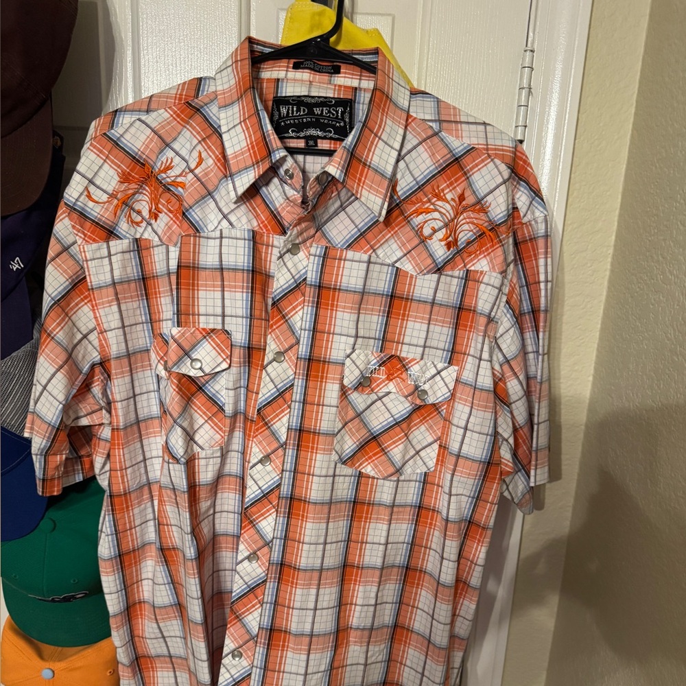 Wild West Men's Orange Plaid Casual Button Down Shirt